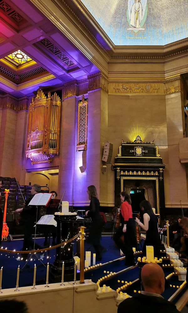 Musicians arriving for a Carols by Candlelight performance at the Freemason's Hall in London.